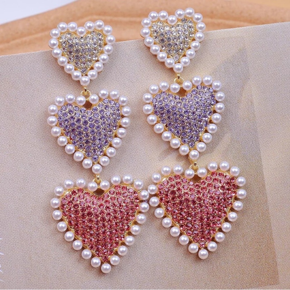 Triple Heart Colorful Rhinestone Dangle Earrings